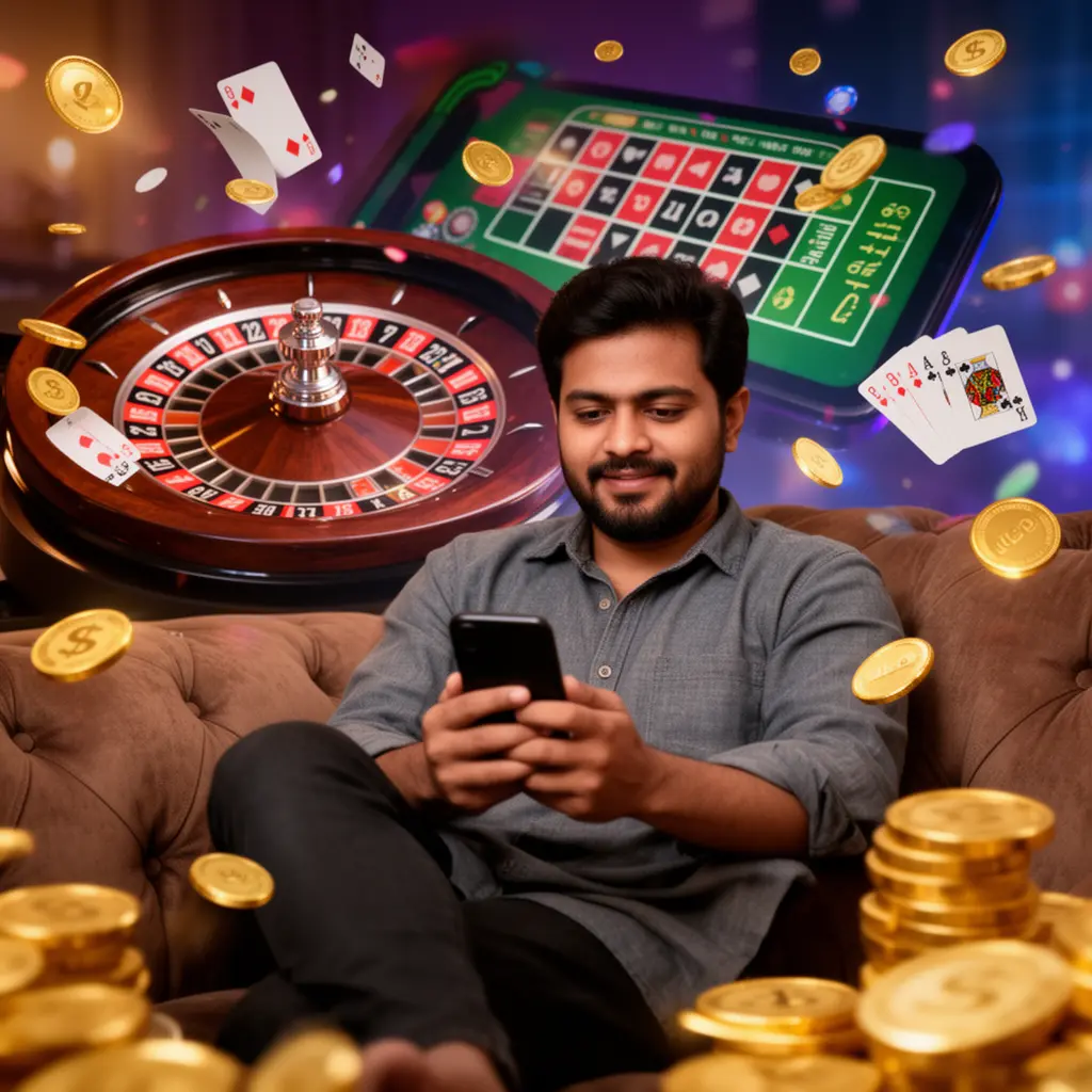 Focused Bangladeshi player using the KT688 mobile casino app on a sofa with glowing roulette wheels cards and gold coins