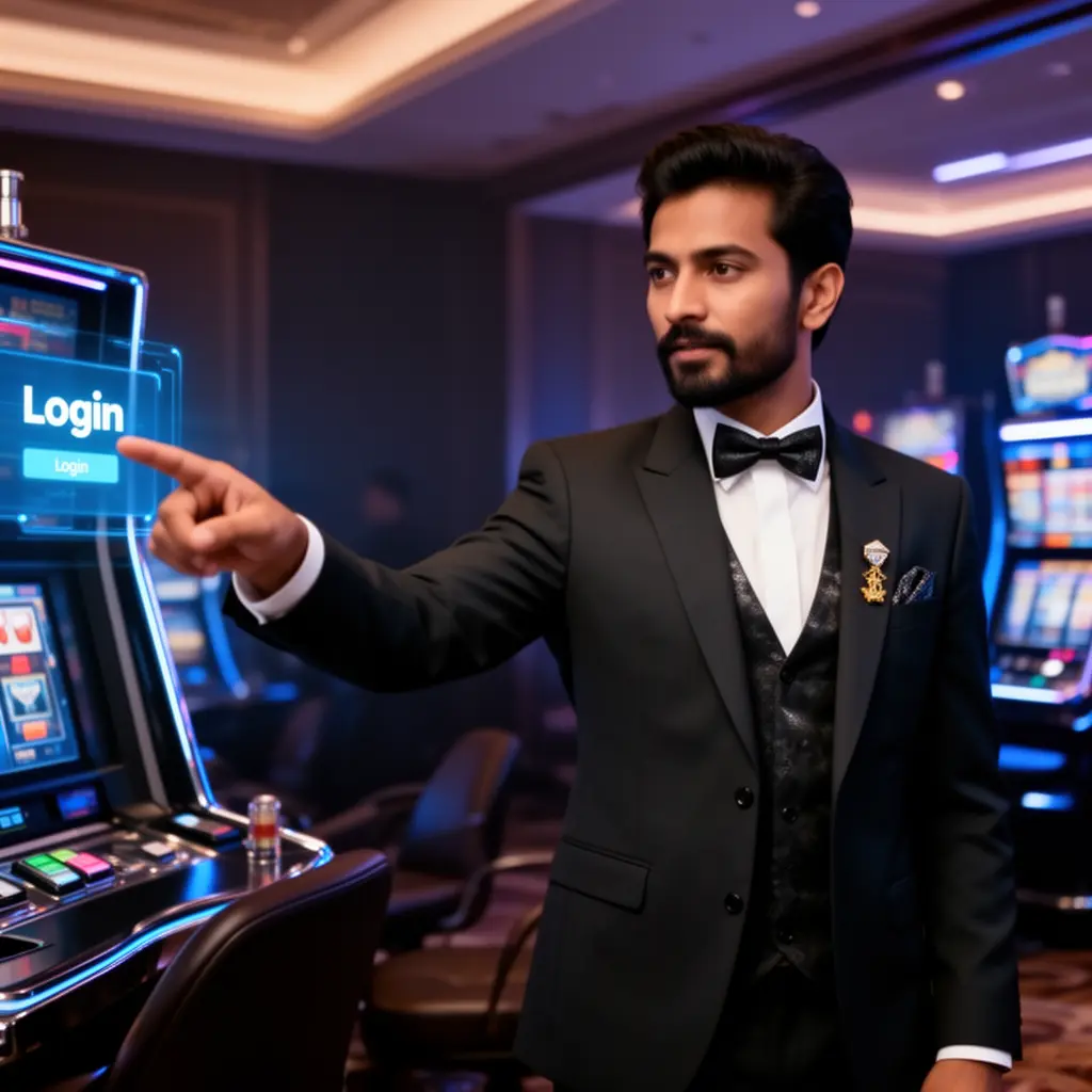 Professional Bangladeshi casino dealer pointing at a digital login screen inside a modern KT688 casino environment